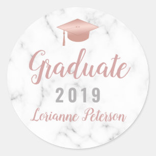Graduation 2023 White Marble Rose Gold Grad Cap Classic Round Sticker