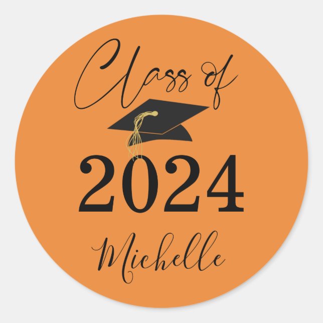 Graduation 2024 Black Orange Script Classic Round Sticker (Front)