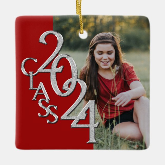 Graduation 2024 Class with Photo Red Silver Ceramic Ornament (Front)