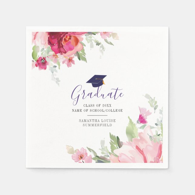 Graduation 2024 Elegant Floral Script Custom Paper Napkin (Front)