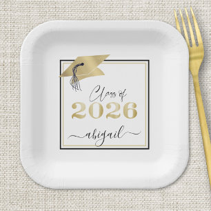 Graduation 2024 Faux Metallic Gold Cap Black Paper Plate