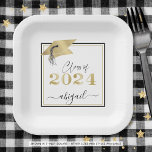 Graduation 2024 Faux Metallic Gold Cap Black Paper Plate<br><div class="desc">Modern personalized CLASS OF 2024 graduation party plates with your graduate's name in a chic handwritten script with a faux metallic gold 2024 and graduation cap. ASSISTANCE: For help with design modification/personalization, color change, transferring the design to another product or would like coordinating items, contact the designer BEFORE ORDERING via...</div>