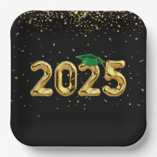 Graduation 2024 Gold Balloons and Green Cap Paper Plate