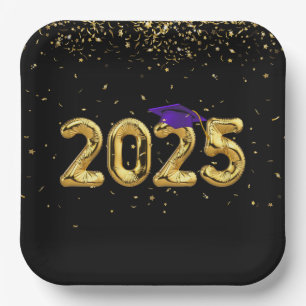 Graduation 2024 Gold Balloons and Purple Cap Paper Plate