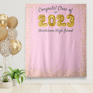 Graduation 2024 Gold Balloons Pink Photo Backdrop Tapestry