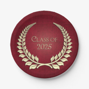 Graduation 2024 Gold Laurel Wreath On Red  Paper Plate