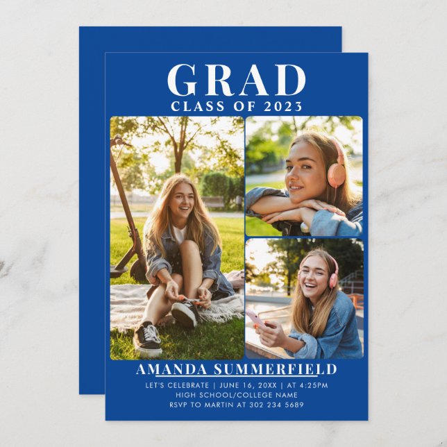 Graduation 2024 Grad Photo Collage Blue Party Invitation (Front/Back)