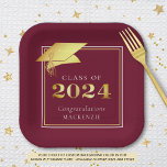 Graduation 2024 Maroon Faux Gold or Custom Colour Paper Plate<br><div class="desc">Elegant personalized, custom colour CLASS OF 2024 graduation party paper plates with CONGRATULATIONS and your graduate's name accented with a faux metallic gold 2024 and graduation cap or mortarboard in your choice of background colour (shown in Maroon) you can change to a school colour or coordinating party theme colour. ASSISTANCE:...</div>