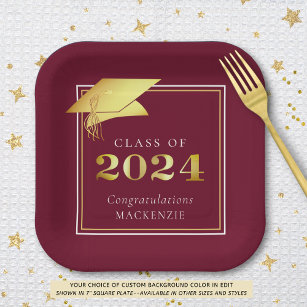Graduation 2024 Maroon Faux Gold or Custom Colour Paper Plate