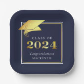 Graduation 2024 Navy Blue Faux Metallic Gold Paper Plate (Front)