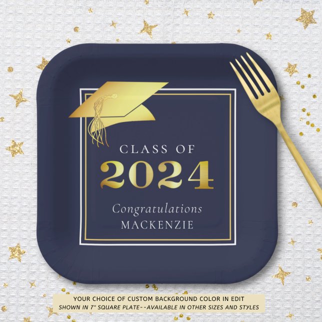 Graduation 2024 Navy Blue Faux Metallic Gold Paper Plate