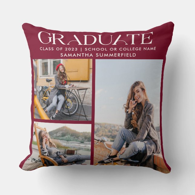 Graduation 2024 Photo Collage Burgundy Keepsake Throw Pillow (Front)