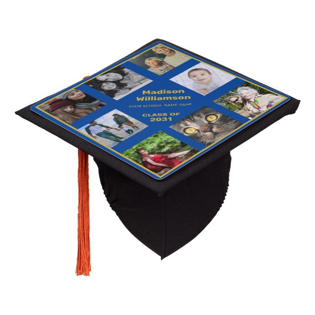 Graduation 2024 Photo Collage Name Year Blue Gold Graduation Cap Topper (Angled)