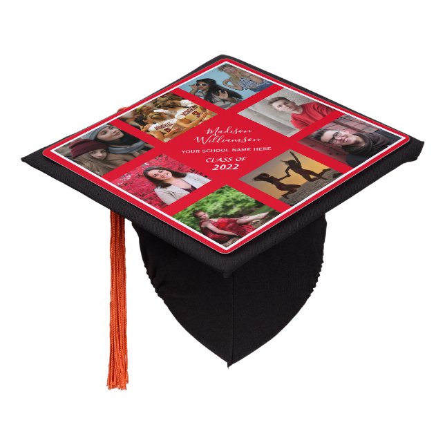 Graduation 2024 Photo Collage Red White Graduation Cap Topper (Angled)