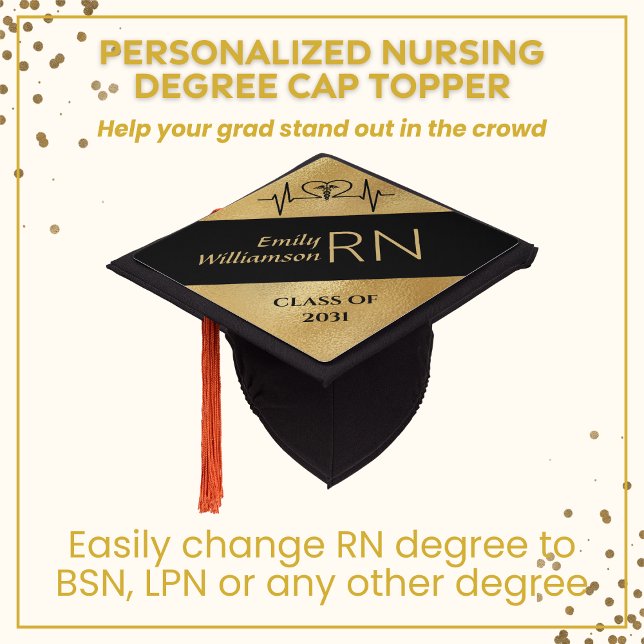 Graduation 2024 RN BSN Nurse Black Gold Graduation Cap Topper (Creator Uploaded)