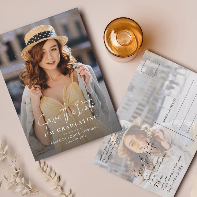 Graduation 2024 Save the Date Grad Photo Announcement Postcard (Graduation Photos Script Save the Date Announcement Postcard)