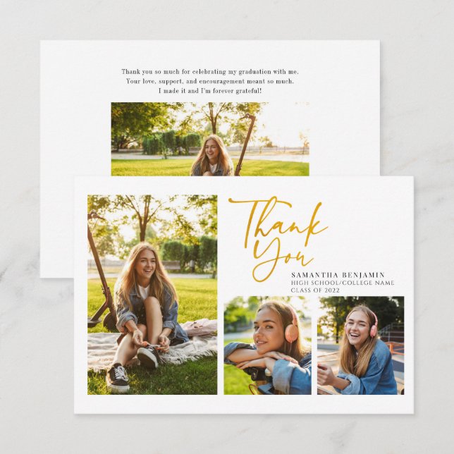 Graduation 2024 Simple Gold Hand-Lettered Graduate Thank You Card (Front/Back)