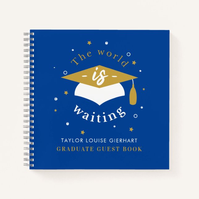 Graduation 2024 World is Waiting Blue Party Guest Notebook (Front)