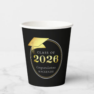 Graduation 2025 Black Faux Metallic Gold Paper Cups