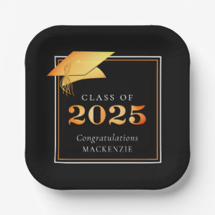 Graduation 2025 Black Faux Metallic Orange Paper Plate
