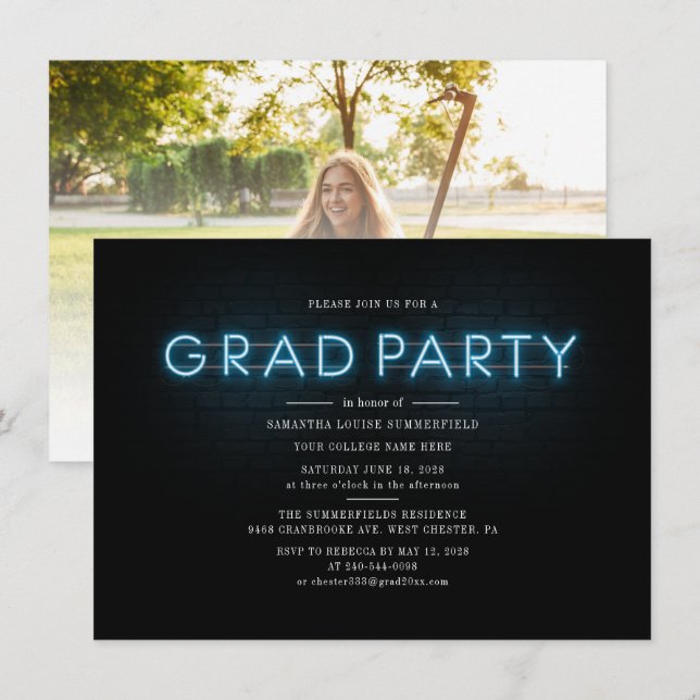 Graduation 2025 Blue Neon Graduate Photo Party Invitation (Front/Back)