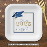 Graduation 2025 Faux Metallic Blue Gold Script Paper Plate<br><div class="desc">Modern personalized CLASS OF 2025 blue, gold and white graduation party plates with your graduate's name in a chic handwritten script with faux metallic blue graduation cap and faux metallic gold 2025. ASSISTANCE: For help with design modification/personalization, colour change, transferring the design to another product or would like coordinating items,...</div>