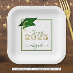 Graduation 2025 Faux Metallic Green Gold Script Paper Plate<br><div class="desc">Modern personalized CLASS OF 2025 green, gold and white graduation party plates with your graduate's name in a chic handwritten script with faux metallic green graduation cap and faux metallic gold 2025. ASSISTANCE: For help with design modification/personalization, colour change, transferring the design to another product or would like coordinating items,...</div>