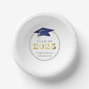 Graduation 2025 Faux Metallic Navy Blue Gold Paper Plate