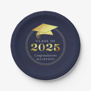 Graduation 2025 Faux Metallic Navy Blue Gold Paper Plate