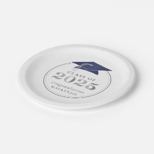 Graduation 2025 Faux Metallic Navy Blue Silver Paper Plate
