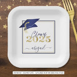 Graduation 2025 Faux Metallic Navy Gold Script Paper Plate<br><div class="desc">Modern personalized CLASS OF 2025 navy blue, gold and white graduation party plates with your graduate's name in a chic handwritten script with shimmering faux metallic navy blue graduation cap and faux metallic gold 2025. ASSISTANCE: For help with design modification/personalization, colour change, transferring the design to another product or would...</div>