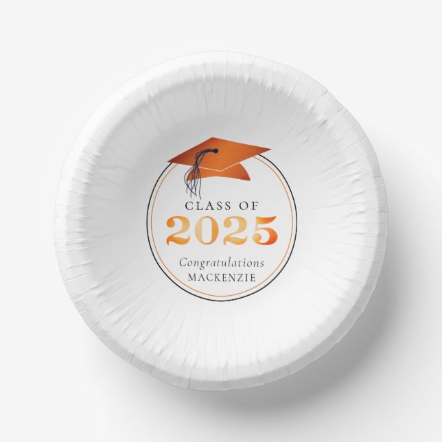 Graduation 2025 Faux Metallic Orange Black Paper Plate (Front)