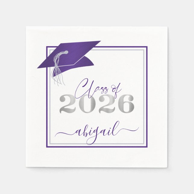 Graduation 2025 Faux Metallic Purple Silver Script Napkin (Front)