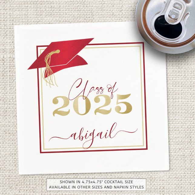 Graduation 2025 Faux Metallic Red Gold Script Napkin (Creator Uploaded)