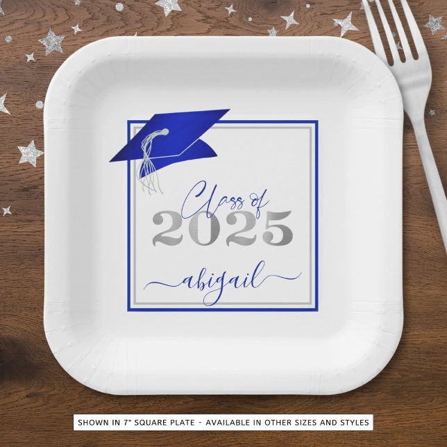 Graduation 2025 Faux Metallic Royal Blue Silver Paper Plate (Creator Uploaded)
