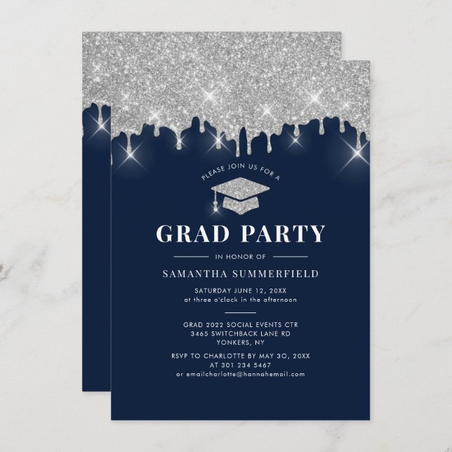 Graduation 2025 Glitter Grad Navy Blue Party Invitation (Front/Back)