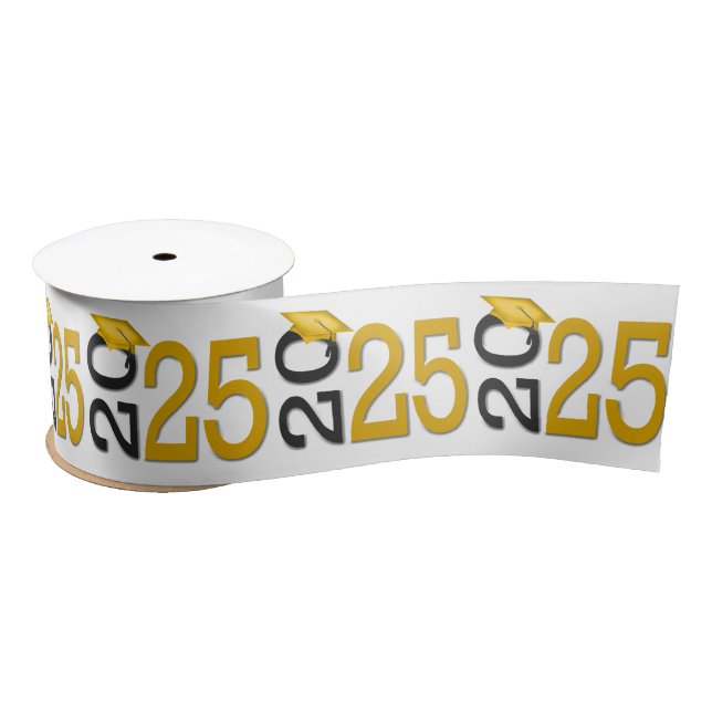 Graduation 2025 Gold and Black On White Satin Ribbon (Spool)