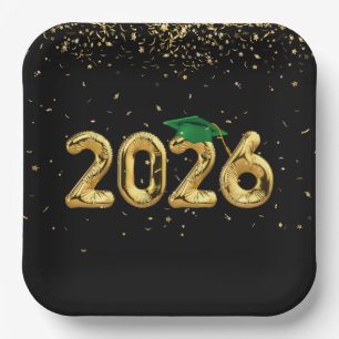 Graduation 2025 Gold Balloons and Green Cap Paper Plate