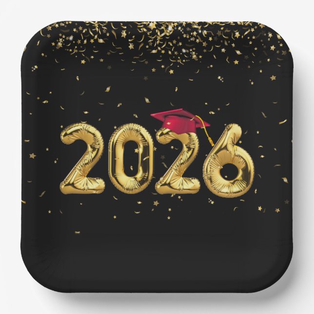 Graduation 2025 Gold Balloons and Red Cap Paper Plate (Front)