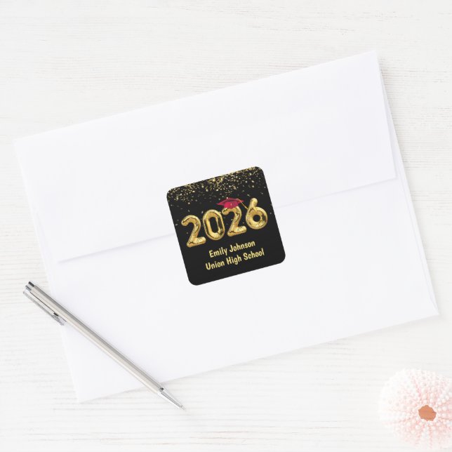 Graduation 2025 Gold Balloons and Red Cap Square Sticker (Envelope)