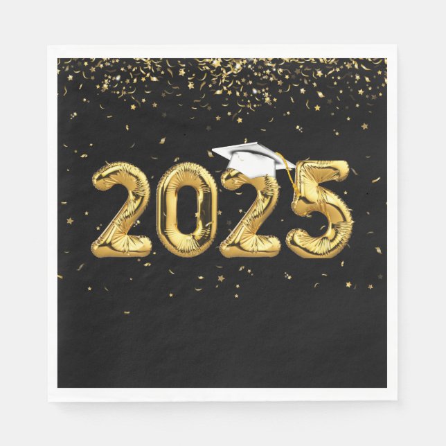 Graduation 2025 Gold Balloons and White Cap Napkin (Front)
