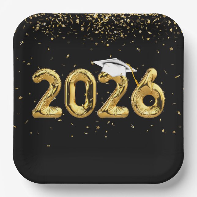 Graduation 2025 Gold Balloons and White Cap Paper Plate (Front)