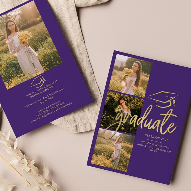 Graduation 2025 Grad Photos Purple Script Announcement (Graduation 2024 Photo Collage Script Purple Grad Announcement)