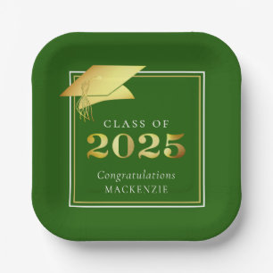 Graduation 2025 Green Faux Metallic Gold Paper Plate