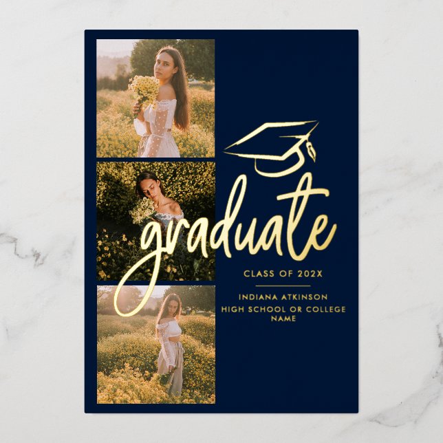 Graduation 2025 Marine Photo Gold Foil Faire-part (Recto)