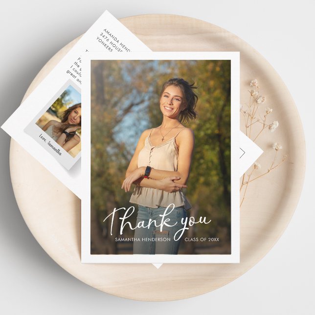 Graduation 2025 Multi Photo Script Thank You Postcard (Graduation 2 Photos Grad Thank You Card)