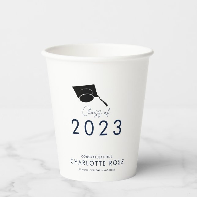 Graduation 2025 Navy Blue Script Grad Party Paper Cups (Front)