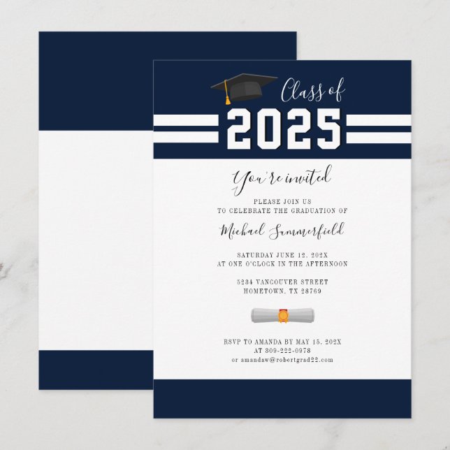 Graduation 2025 Navy White Minimalist Grad Party Invitation (Front/Back)