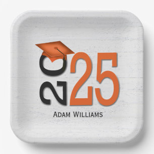 Graduation 2025 Orange and Black On Wood Paper Plate