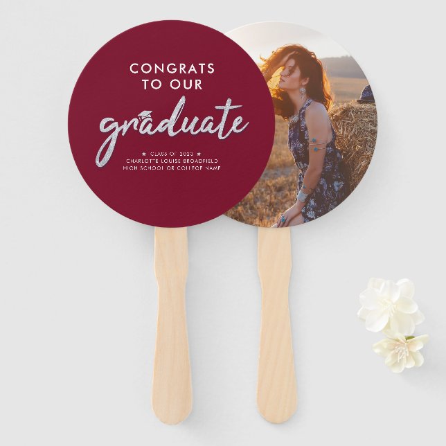Graduation 2025 Photo Burgundy Script Grad Party Hand Fan (Front and Back)